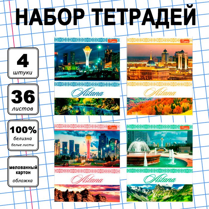 Набор общих тетрадей Magister Astana, 36 л, А5+, клетка, мягкая обложка, 4 шт купить,NaN