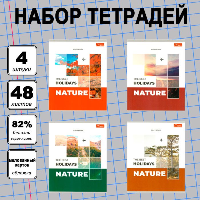 Набор общих тетрадей Magister Nature, 48 л, А5+, клетка, мягкая обложка, 4 шт купить,NaN