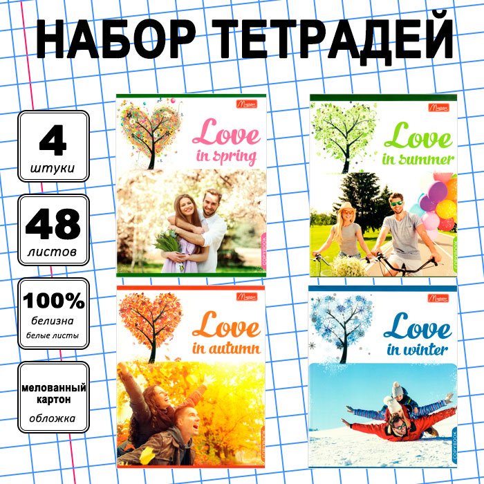 Набор общих тетрадей Magister Love Story, TO48-LS, 48 л, А5+, клетка, мягкая обложка, 4 шт купить,NaN