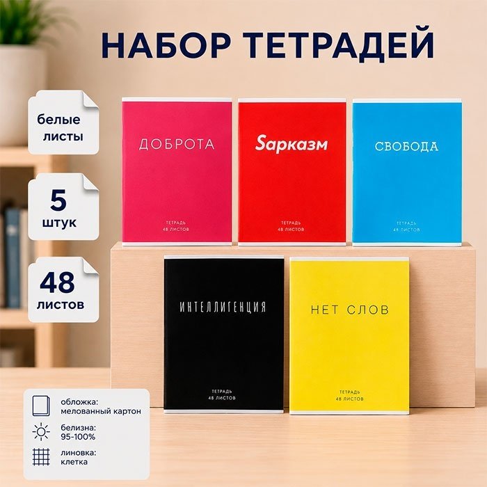 Набор общих тетрадей Calligrata Фраза, 48 л, А5+, клетка, мягкая обложка, 5 шт купить,NaN