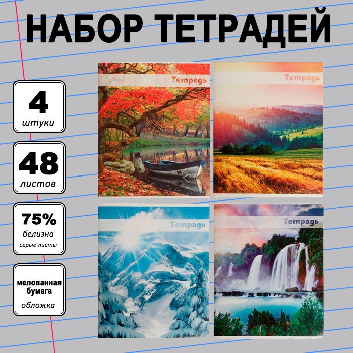 Набор общих тетрадей Calligrata Красоты природы, 48 л, А5+, линейка, мягкая обложка, 4 шт купить,NaN