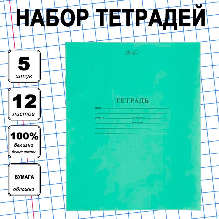 Набор школьных тетрадей Hatber Зеленая обложка, 12 л, А5+, клетка, мягкая обложка, 5 шт купить,NaN