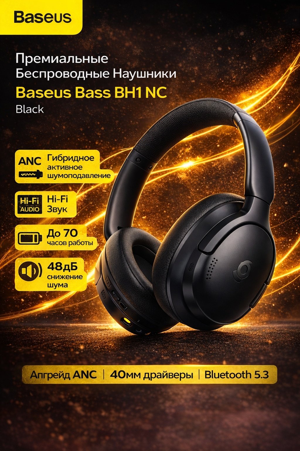 Наушники Baseus Bass BH1 NC черный купить,37485