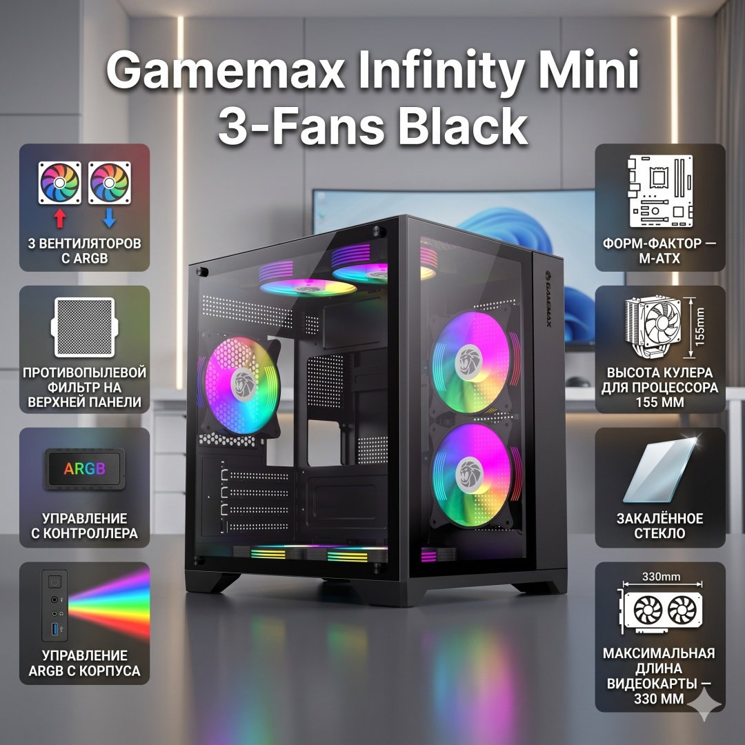 Корпус Game Max Infinity Mini 3 ARGB Fans + Controller Black черный