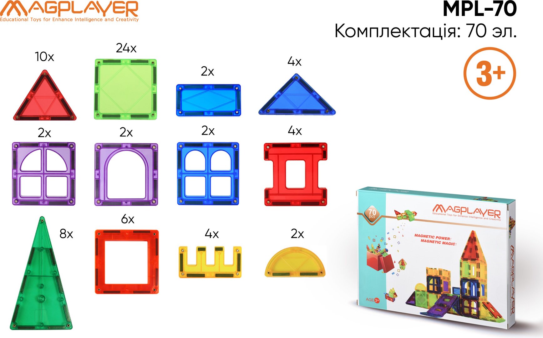 Конструктор Magplayer Magnetic MPL-70, деталей 70 шт купить,NaN