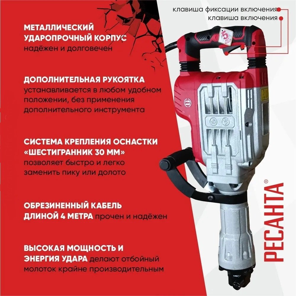 Отбойный молоток Ресанта ОМ-1800Э 75/23/1 шестигранник (HEX) купить,NaN