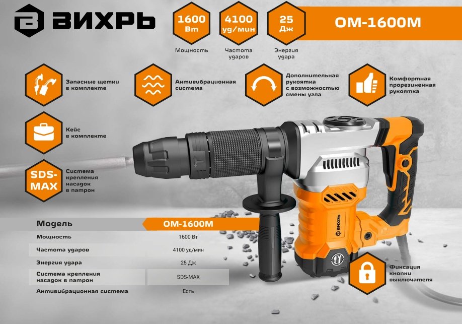 Отбойный молоток ВИХРЬ ОМ-1600М 72/23/4 SDS-Max