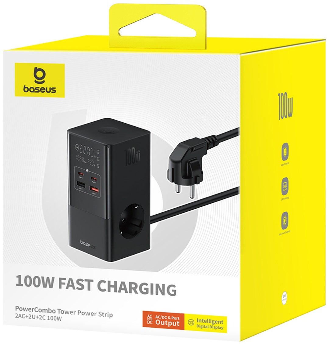 Зарядное устройство Baseus GaN5Pro PowerCombo Tower 2AC&#43;2U&#43;2C 100W черный купить,0