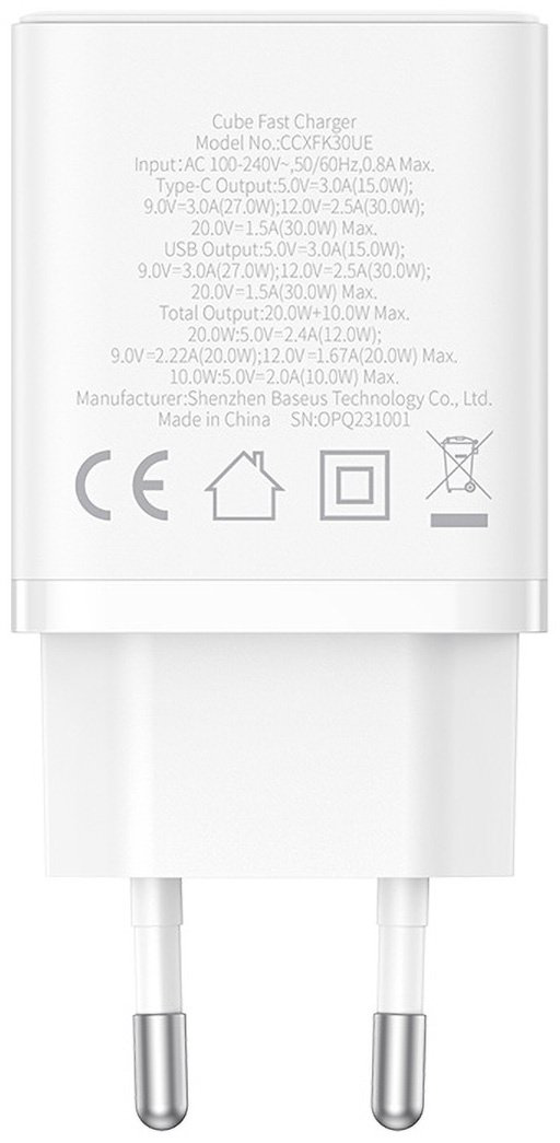 Зарядное устройство Baseus Cube GaN5 C+U 30W USB Type-C, USB белый купить,NaN
