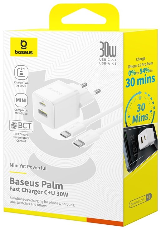 Зарядное устройство Baseus Palm USB Type-C, USB белый купить,NaN