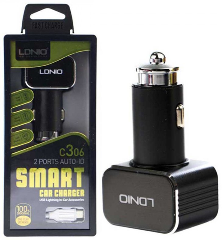 Зарядное устройство LDNIO C306 2*USB-A 18W 5V-3.6A Auto Lightning Lightning черный