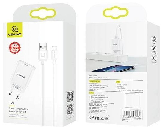 Зарядное устройство Usams T21 Lightning Lightning, USB белый купить,NaN