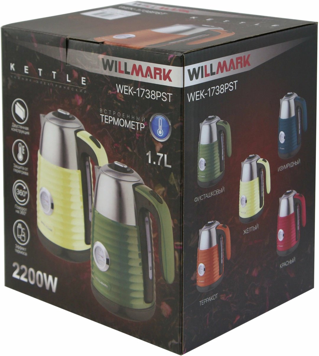 Электрочайник Willmark WEK-1738PST красный, серебристый, черный