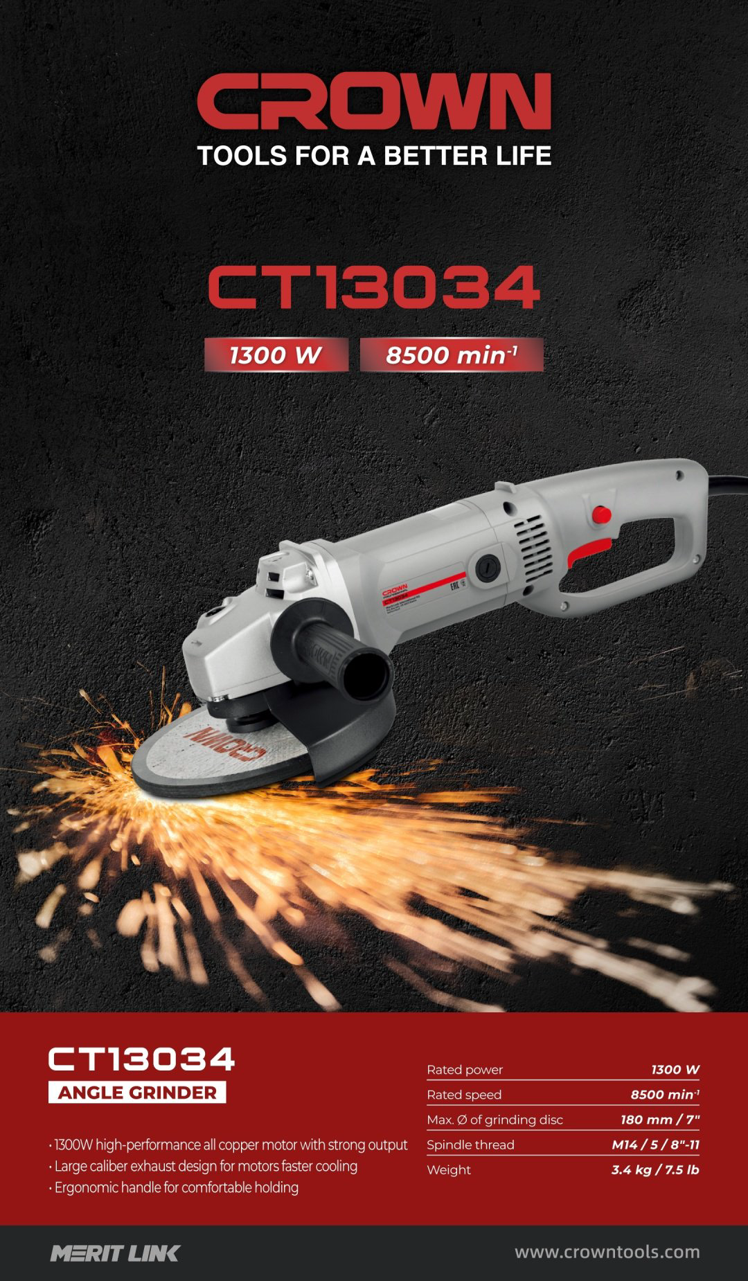 Шлифмашина угловая CROWN CT13034 купить,NaN