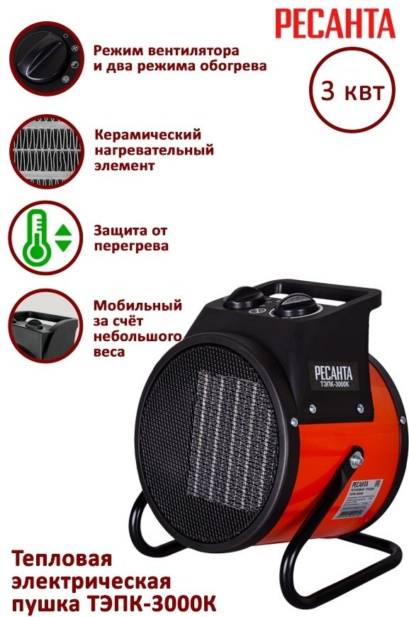 Тепловая электрическая пушка Ресанта 15674, 3 кВт купить,0