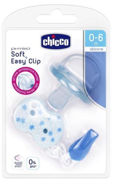 Пустышка с прищепкой Chicco Physio Soft 0-6м голубая купить,NaN