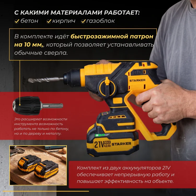 Перфоратор Starker SRH-21Pro 2Дж 21В SDS-Plus купить,NaN
