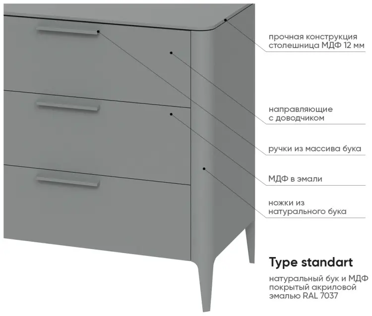 Комод Ellipse Type, 140x51x85 см, серый