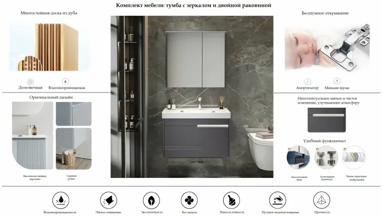 Комплект для ванной Cerutti SPA OGLIO 120 (тумба под раковину, зеркало, раковина) серый