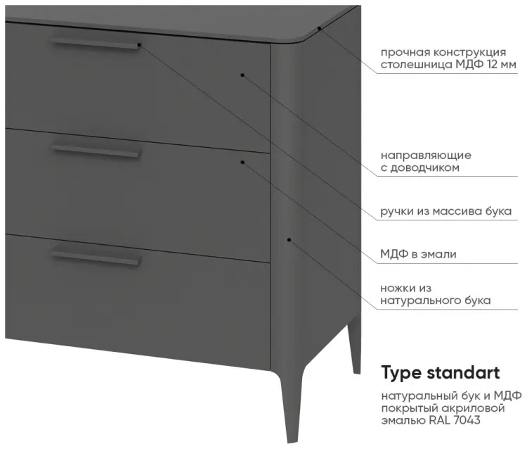 Комод Ellipse Type, 170x51x85 см, темно-серый