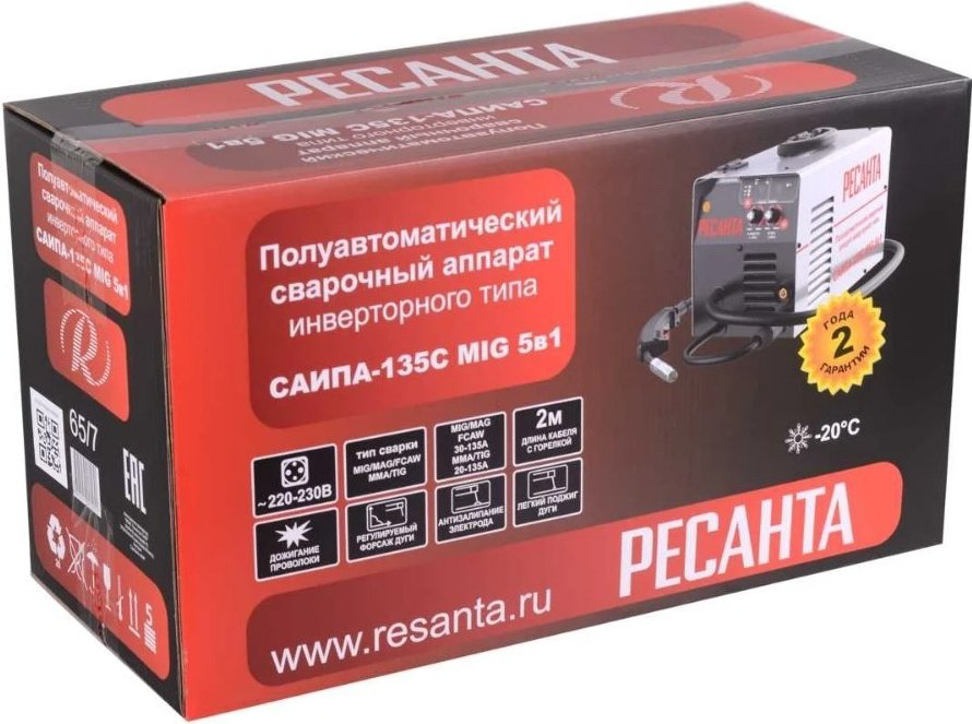 Ресанта сварочный инвертор САИПА-135 (аргонная (аргонодуговая) сварка, полуавтоматическая сварка (MIG/MAG), ручная дуговая сварка (MMA)) купить,NaN