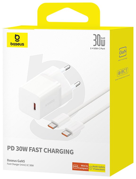 Зарядное устройство Baseus GaN5 (mini) 1C 30W + Кабель USB Type-C белый