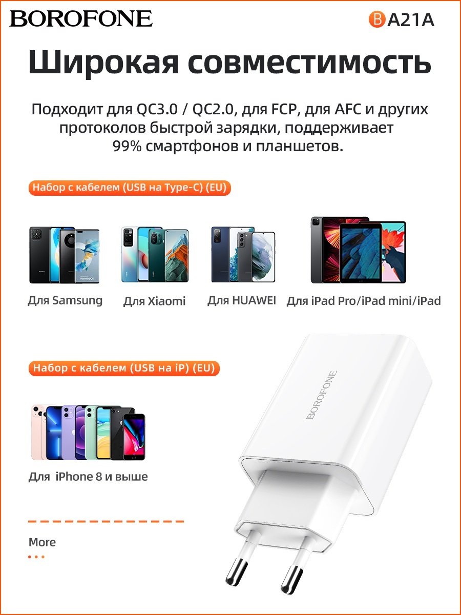 Зарядное устройство Borofone BA21A USB Type-C 1 м белый