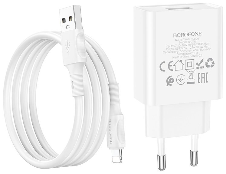 Зарядное устройство Borofone BA74A USB, Lightning 10.5 Вт белый - ForteMarket Зарядное устройство Borofone BA74A USB, Lightning 10.5 Вт белый купить,1953