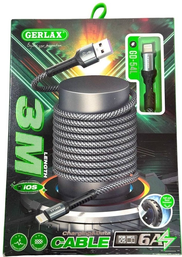 Кабель GERLAX USB 2.0 (M), Lightning, 3 м, GD-54L серый купить,2216