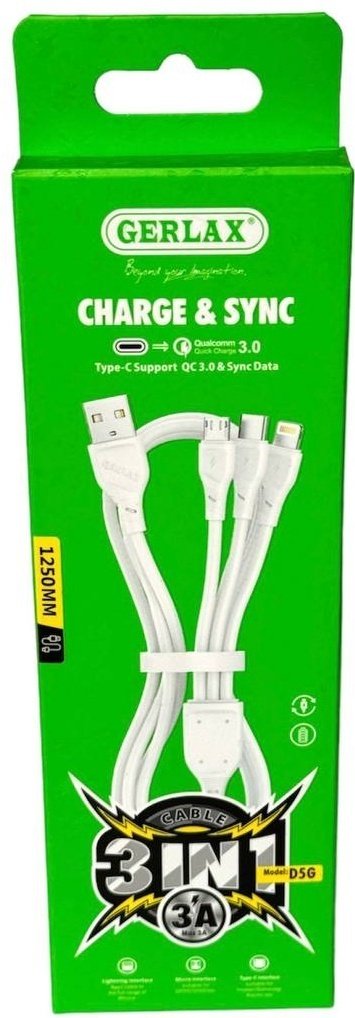 Кабель GERLAX USB 2.0 (M), USB TypeC (M), micro-USB 2.0 (M), Lightning (M), 1.25 м, D5G белый купить,1060