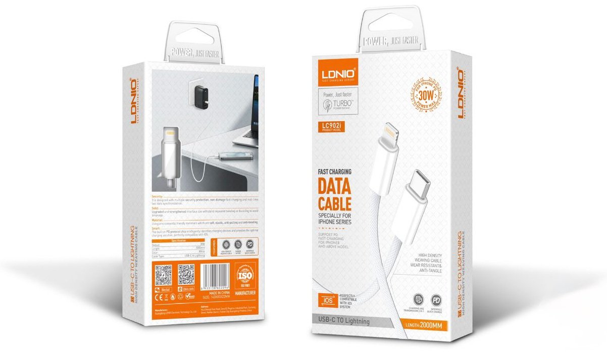 Кабель LDNIO USB TypeC (M), Lightning (M), 2 м, белый