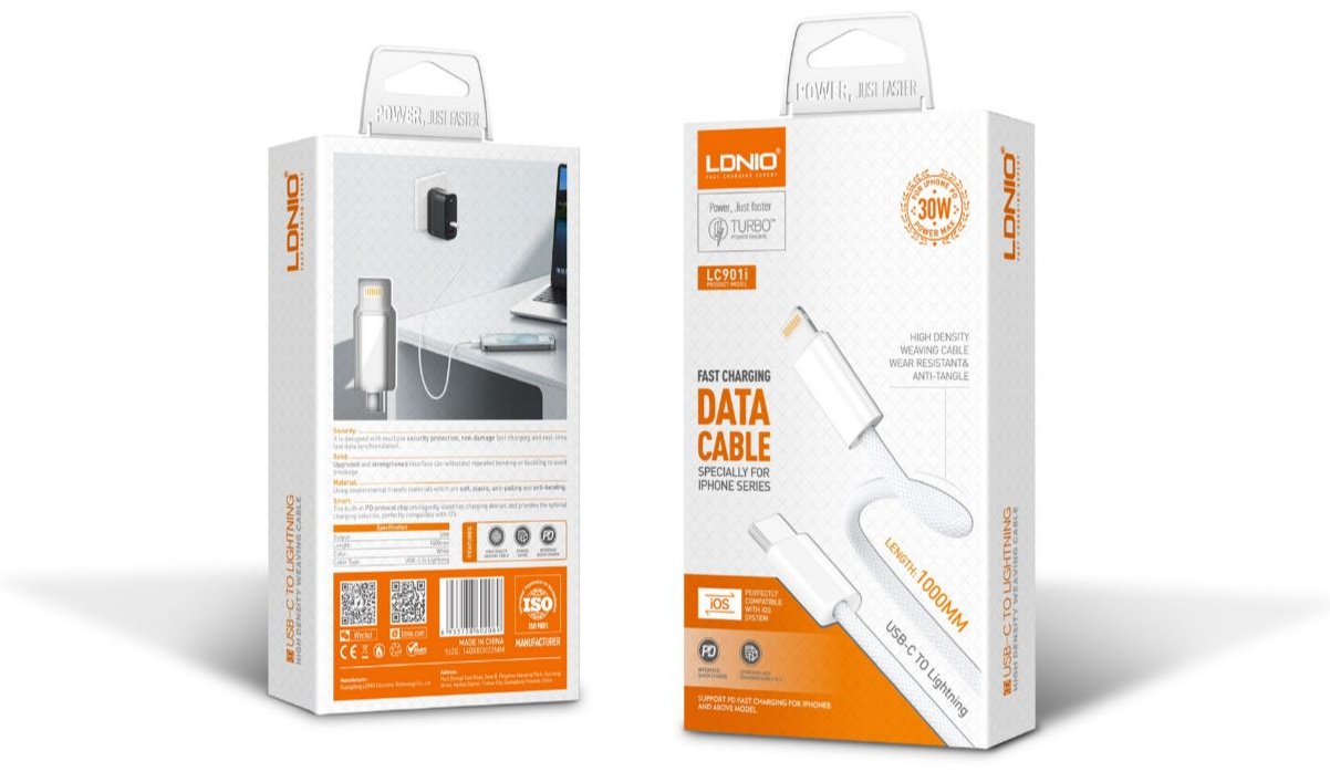 Кабель LDNIO USB TypeC (M), Lightning (M), 1 м, белый