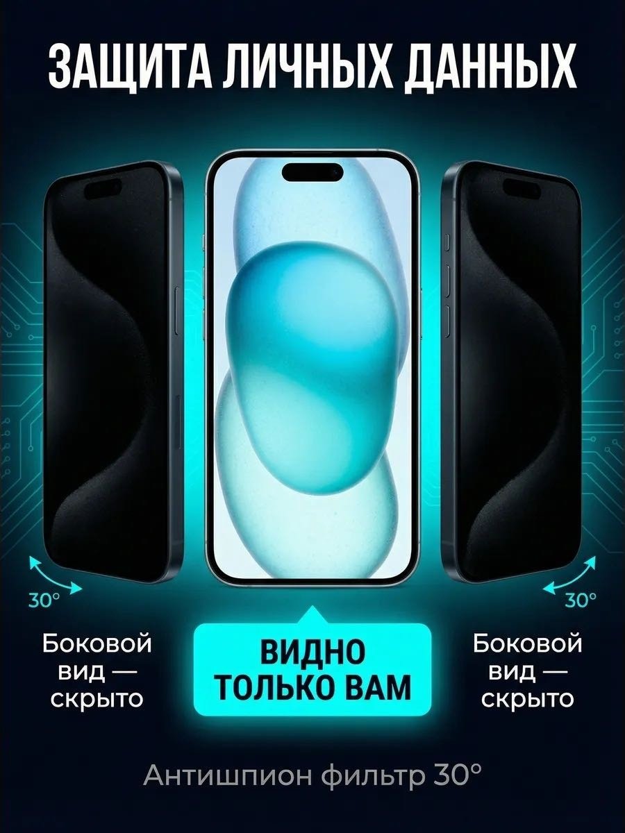 Стекло GERLAX для Apple iPhone 15 Антишпион черный купить,742