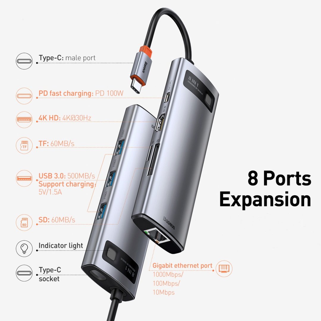 Док-станция Baseus Metal Gleam 8in1 CAHUB-CV0G серый - ForteMarket Док-станция Baseus Metal Gleam 8in1 CAHUB-CV0G серый купить,0