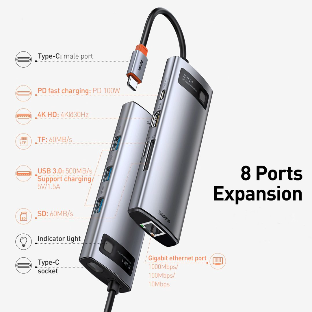 Док-станция Baseus Metal Gleam 8in1 CAHUB-CV0G серый купить,NaN