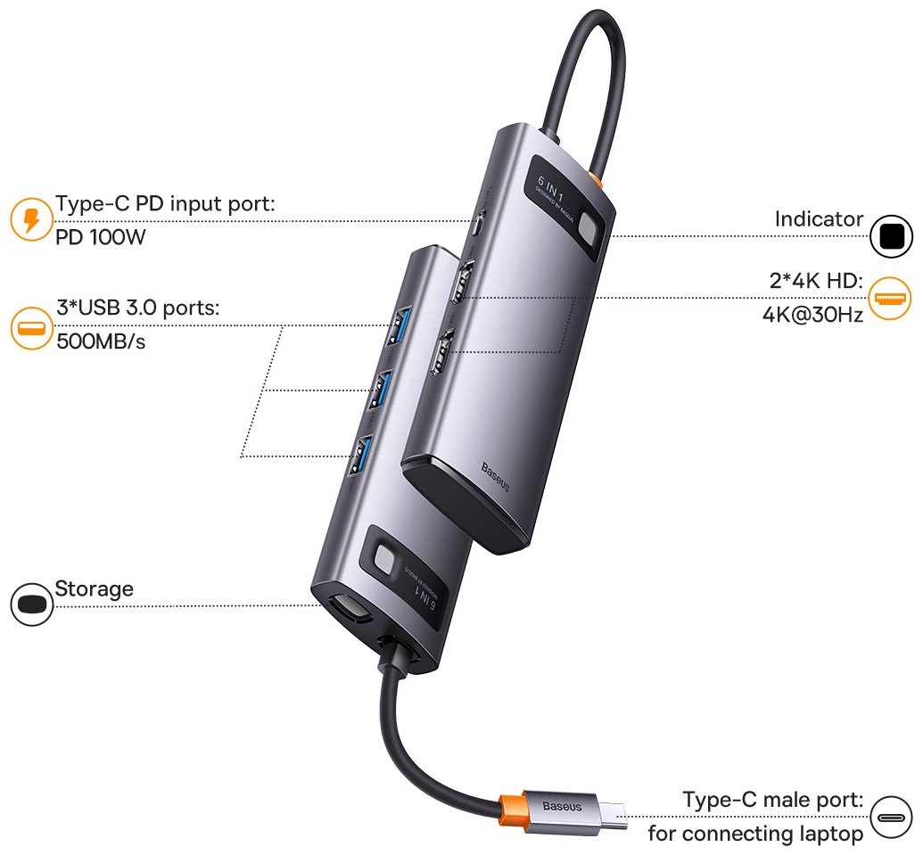 Док-станция Baseus Metal Gleam 6in1 WKWG030113 серый купить,0
