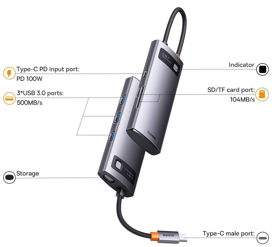 Док-станция Baseus 6 in 1 WKWG030213 серебристый купить,0