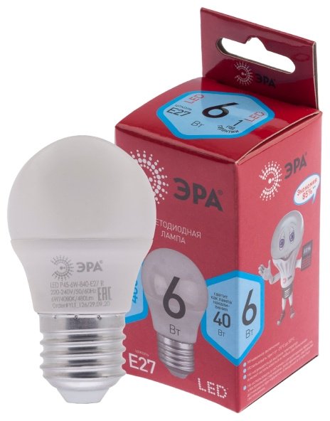 ЭРА 6W E27, светодиодная, холодный белый