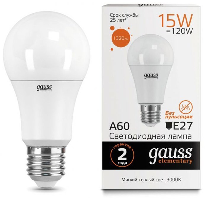 Gauss 15W E27, светодиодная, теплый белый