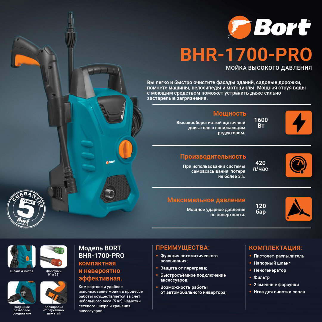 Мойка высокого давления Bort электрическая 120 бар, BRT-BHR1700PRO купить,NaN