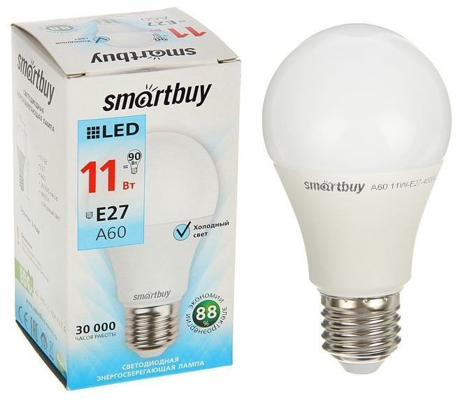 Smartbuy 11W E27, светодиодная, холодный белый купить,NaN