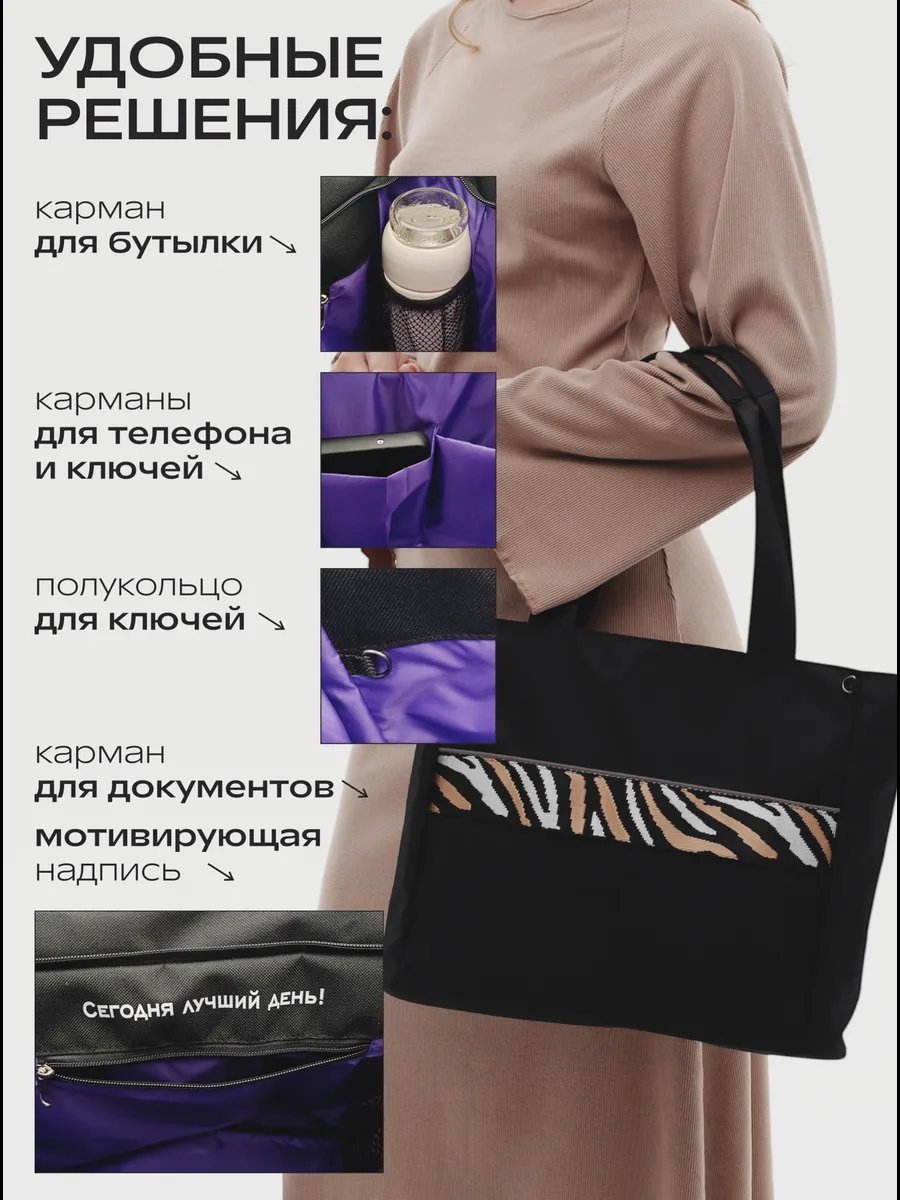 Сумка шоппер Будь здесь! полиэстер черный купить,NaN