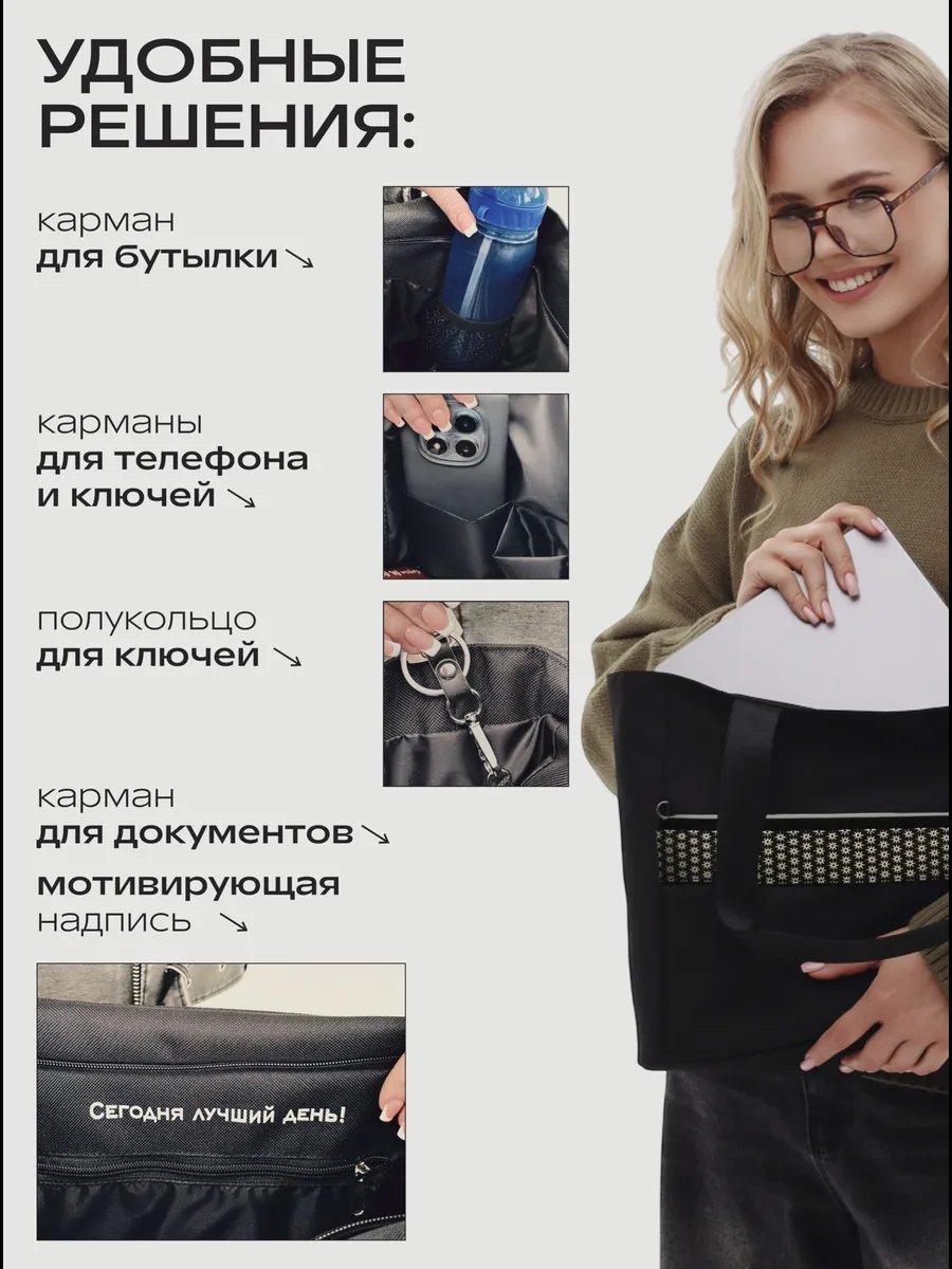 Сумка шоппер Будь здесь! полиэстер черный купить,NaN