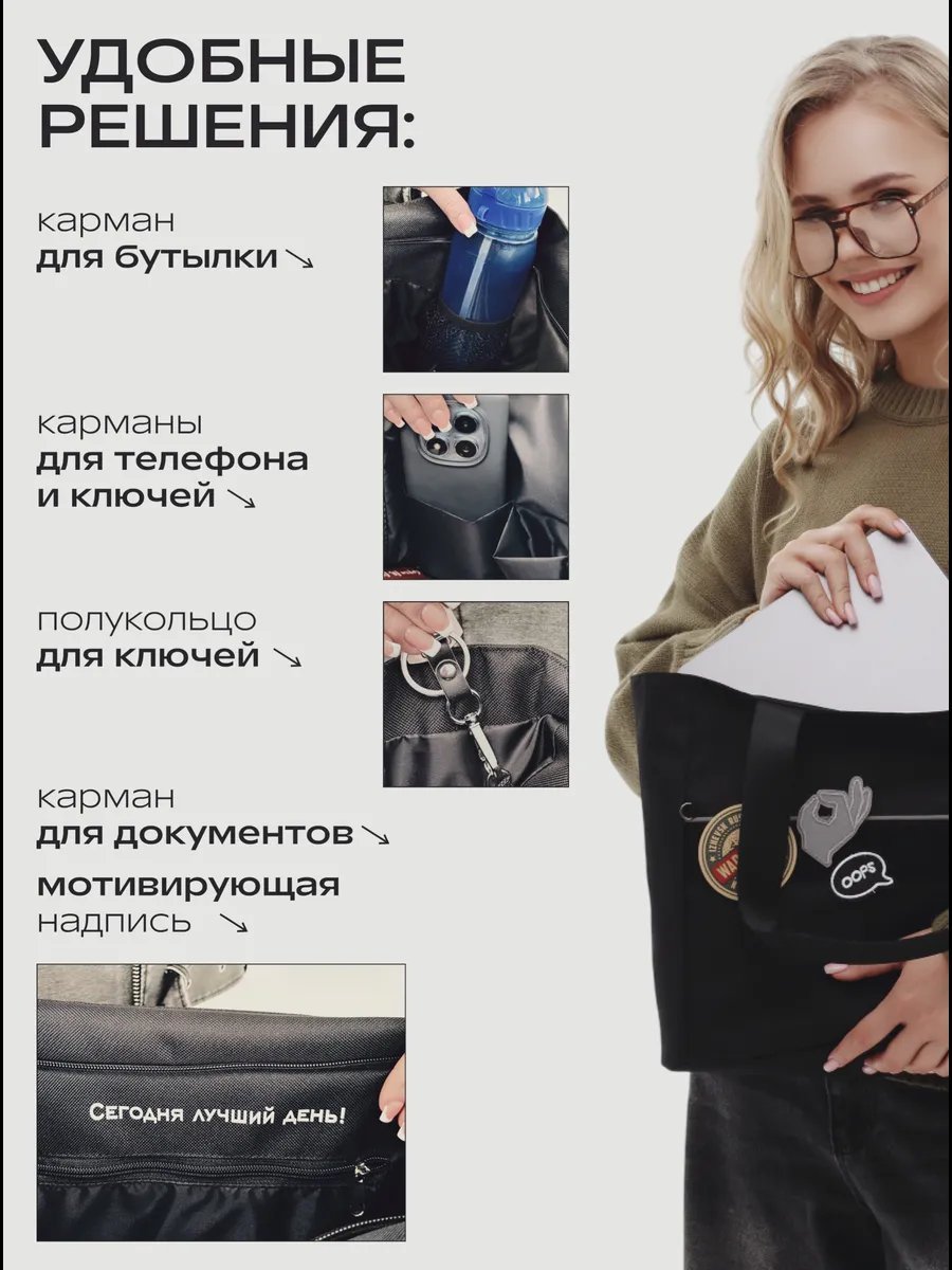 Сумка шоппер Будь здесь! полиэстер черный купить,NaN