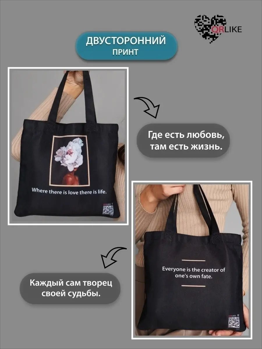 Сумка шоппер QRLIKE текстиль белый купить,NaN