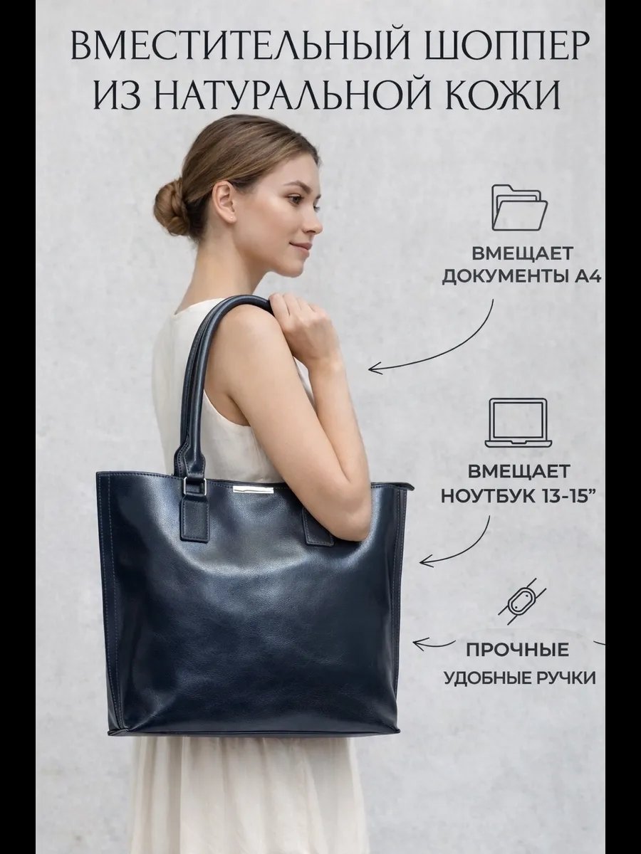 Сумка шоппер MollBAG натуральная кожа синий купить,NaN