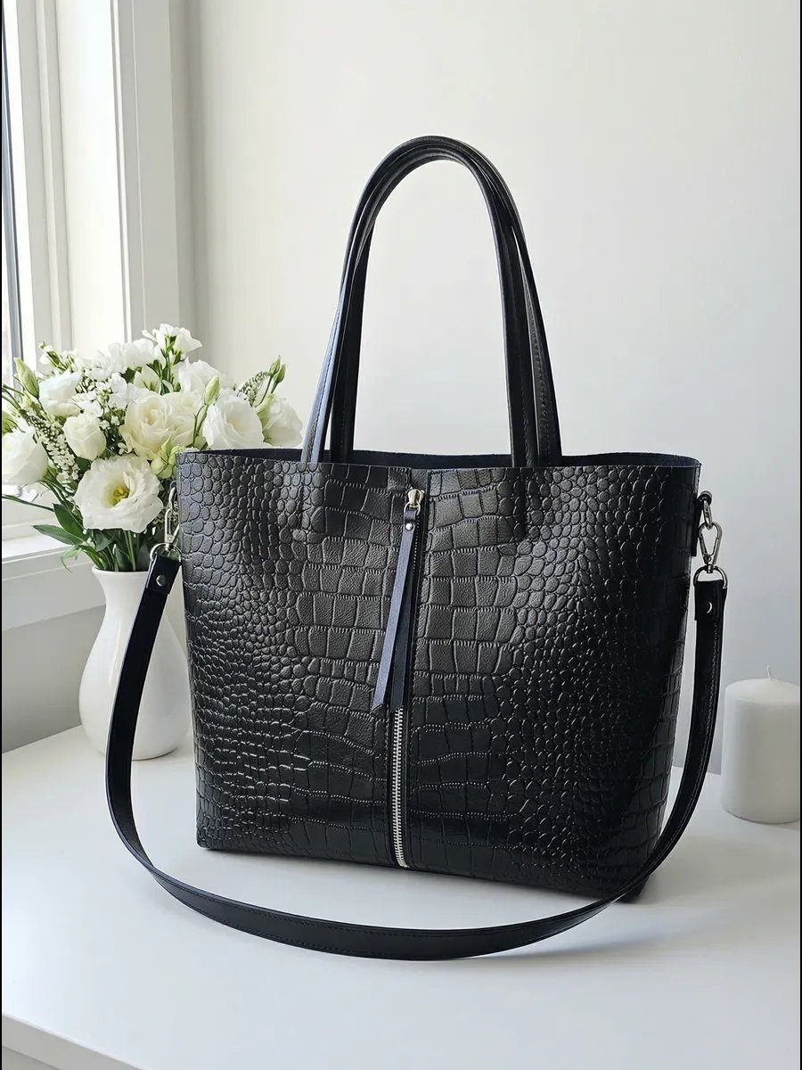 Сумка шоппер TJ bags натуральная кожа черный купить,NaN