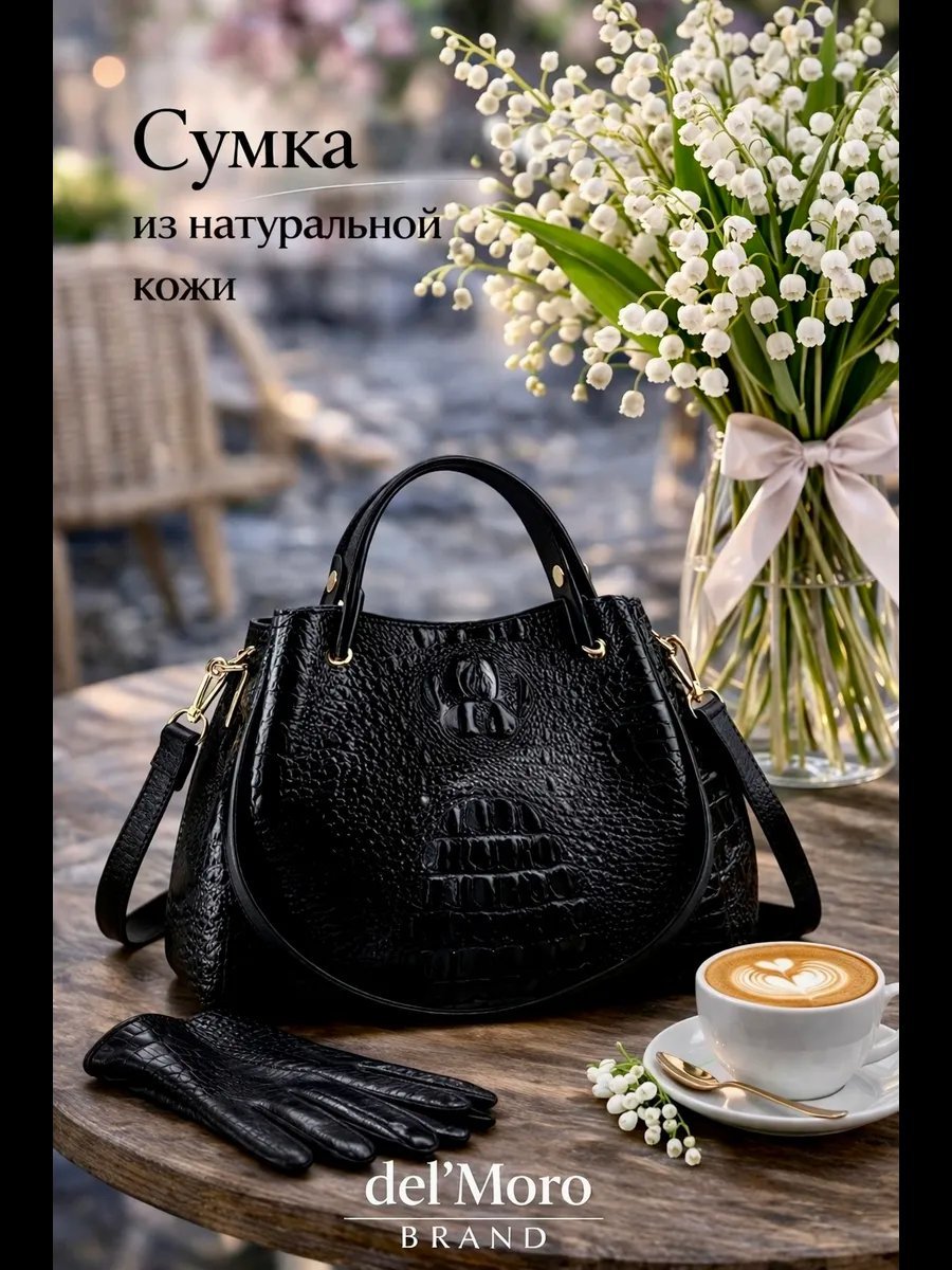 Сумка тоут del'Moro натуральная кожа черный купить,NaN