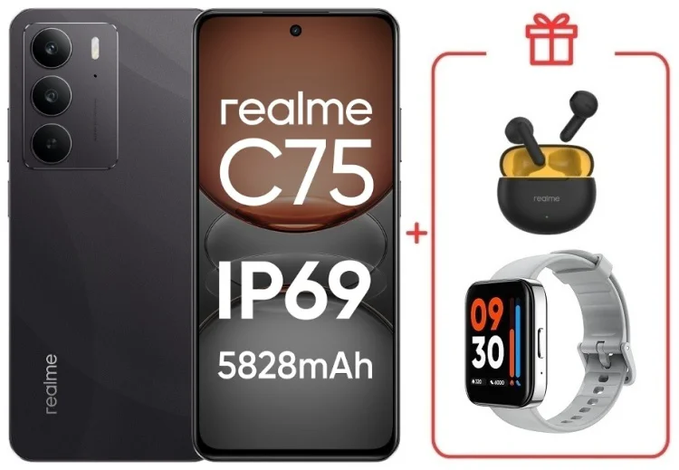 Смартфон Realme С75 8 ГБ/128 ГБ черный + подарок купить,NaN