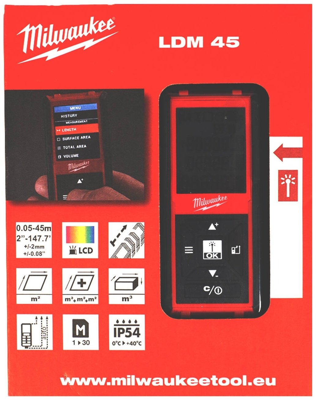 Лазерный дальномер Milwaukee LDM 45 4933459277, дальность до 45 м купить,NaN